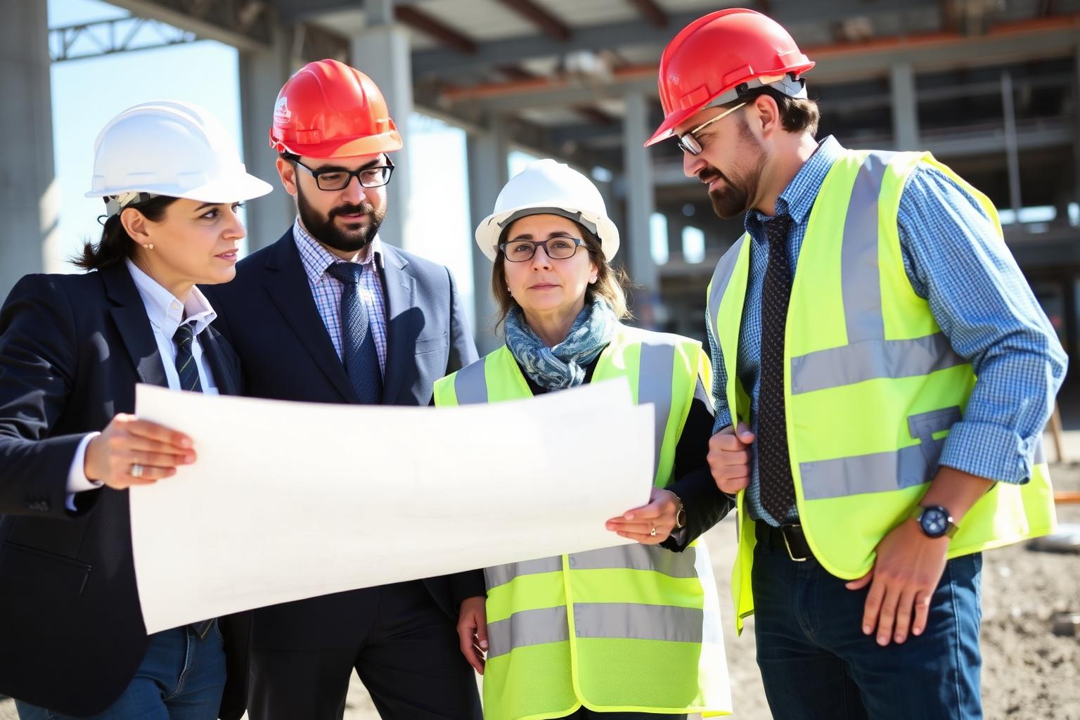 Professional construction and project management team reviewing plans